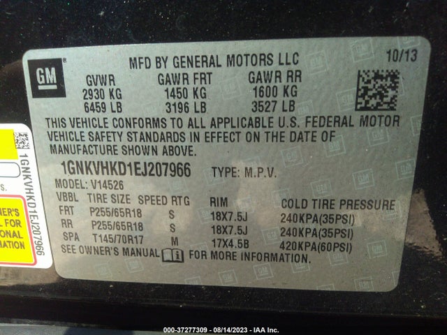 Chevrolet Traverse Lt 2014 1GNKVHKD1EJ207966 Image 9