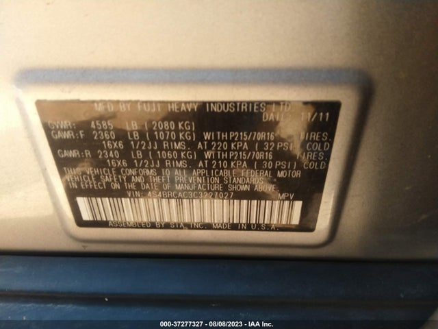 2012 SUBARU OUTBACK 2.5I VIN: 4S4BRCAC3C3227027