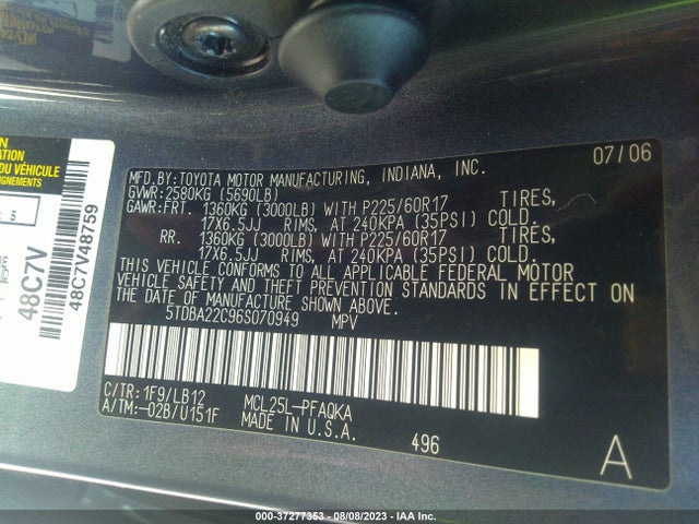 2006 TOYOTA SIENNA XLE VIN: 5TDBA22C96S070949