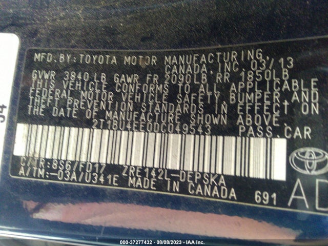 2013 TOYOTA COROLLA L/LE/S VIN: 2T1BU4EE0DC049543