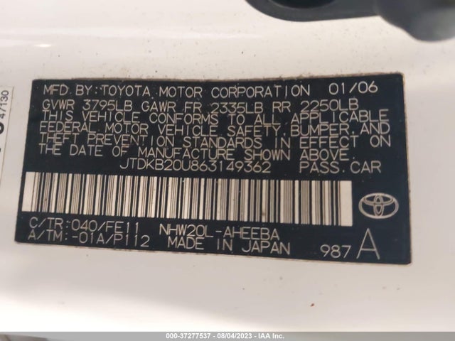 2006 TOYOTA PRIUS VIN: JTDKB20U863149362