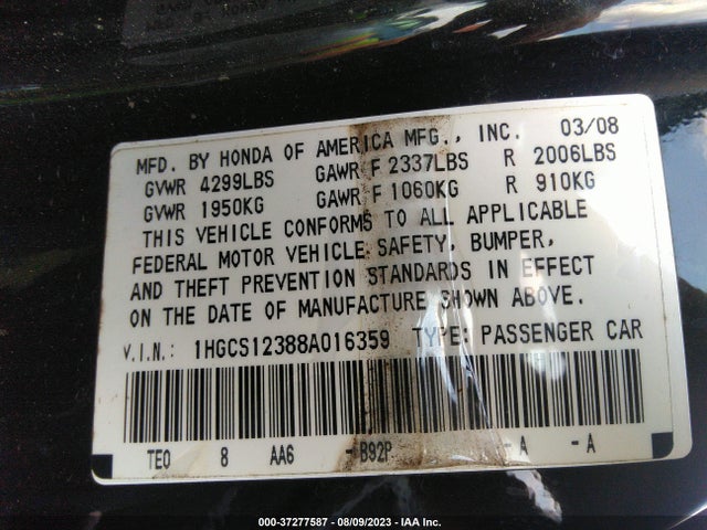 2008 HONDA ACCORD CPE LX-S VIN: 1HGCS12388A016359