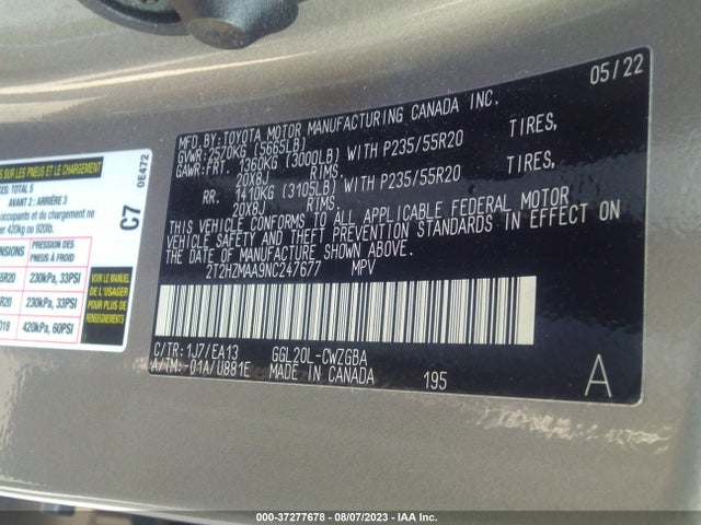 2T2HZMAA9NC247677 Lexus Rx Rx 350