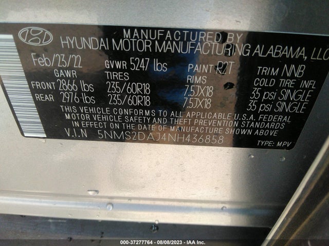 2022 HYUNDAI SANTA FE SEL VIN: 5NMS2DAJ4NH436858