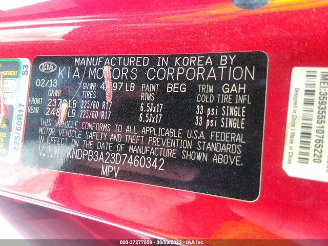 2013 KIA SPORTAGE LX VIN: KNDPB3A23D7460342