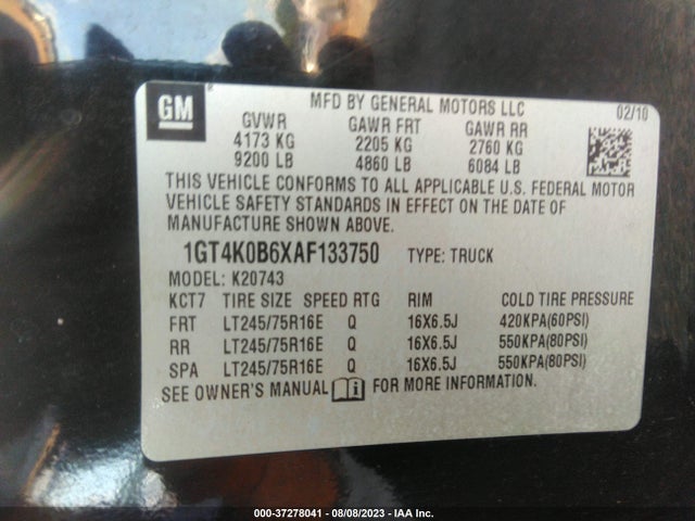 2010 GMC SIERRA 2500HD SLE VIN: 1GT4K0B6XAF133750