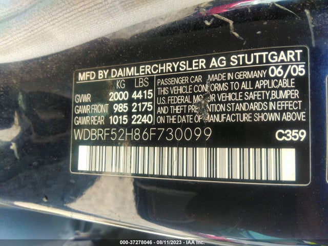 2006 MERCEDES-BENZ C-CLASS SPORT VIN: WDBRF52H86F730099