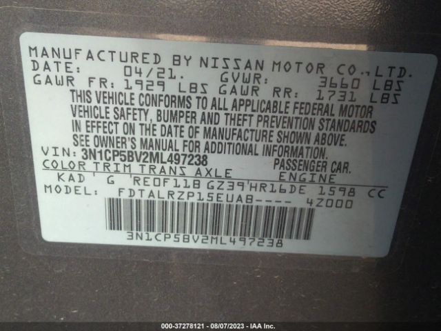 3N1CP5BV2ML497238 Nissan KICKS S