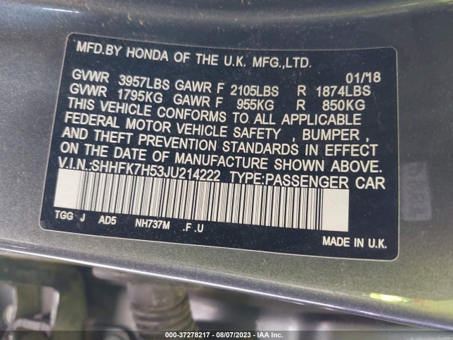 Honda CIVIC EX 2018 SHHFK7H53JU214222 Image 9