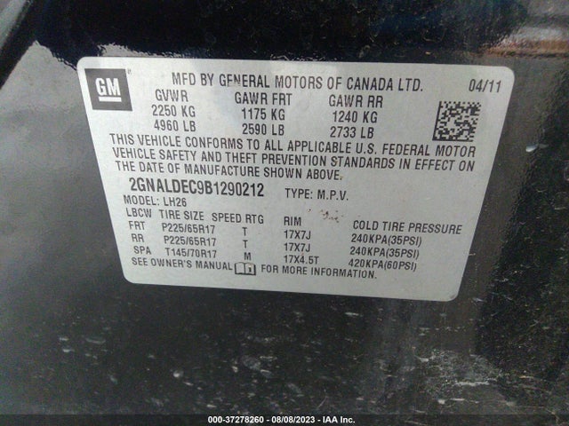 2011 CHEVROLET EQUINOX LT W/1LT VIN: 2GNALDEC9B1290212