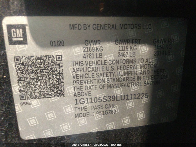 2020 CHEVROLET IMPALA PREMIER VIN: 1G1105S39LU111225