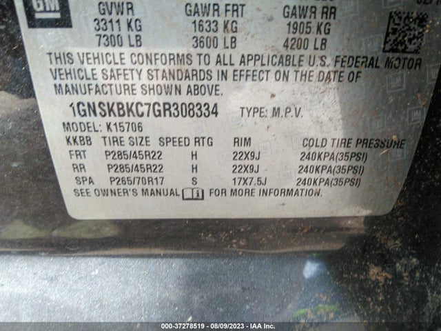 Chevrolet Tahoe Lt 2016 1GNSKBKC7GR308334 Image 9
