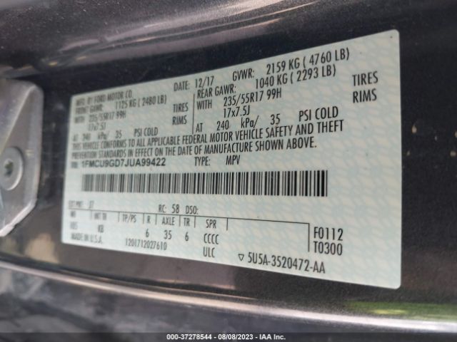 1FMCU9GD7JUA99422 Ford ESCAPE SE