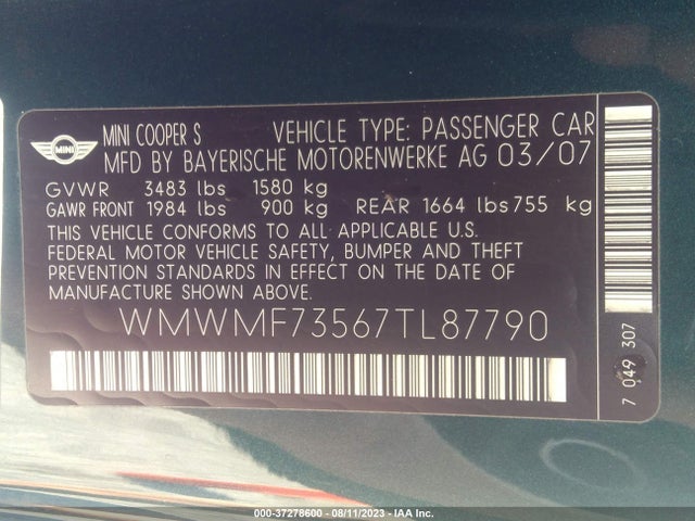 2007 MINI COOPER HARDTOP S VIN: WMWMF73567TL87790