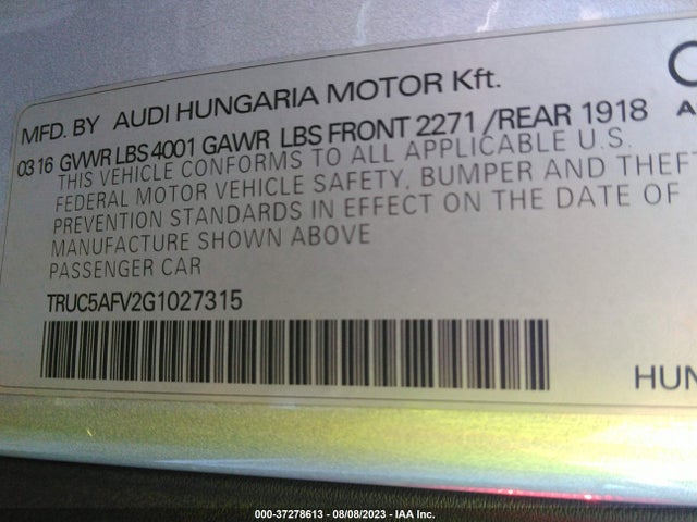 2016 Audi TT, VIN: TRUC5AFV2G1027315