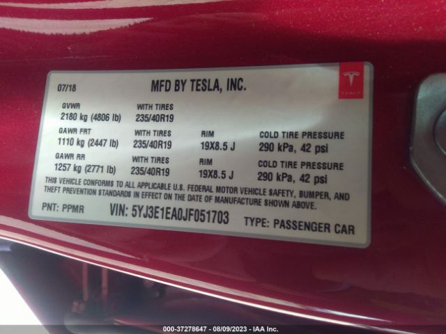 5YJ3E1EA0JF051703 Tesla Model 3 Range Battery
