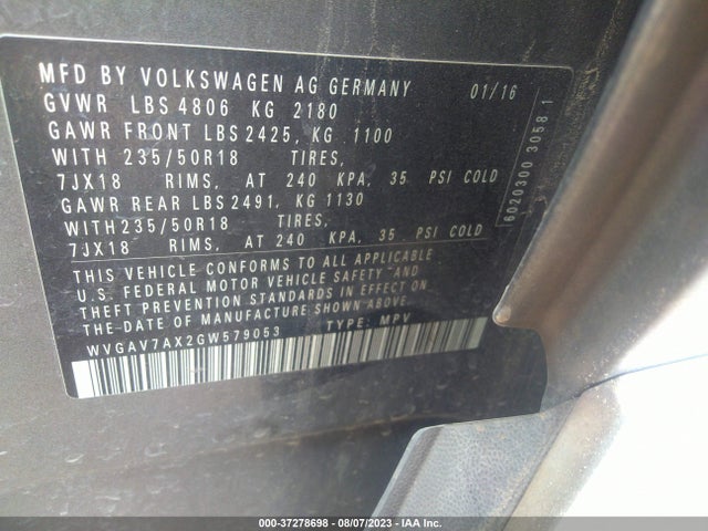 WVGAV7AX2GW579053 Volkswagen TIGUAN SE