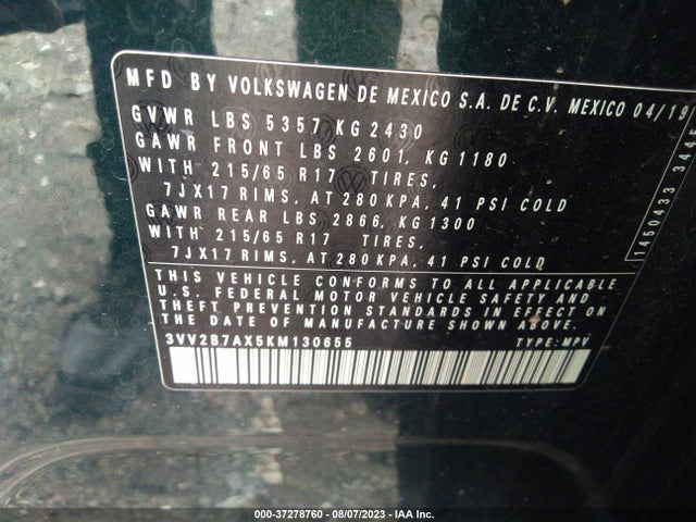 3VV2B7AX5KM130655 Volkswagen Tiguan Se/sel/sel R-line