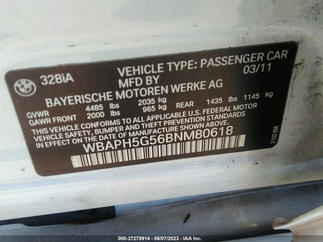 2011 BMW 3 SERIES 328I VIN: WBAPH5G56BNM80618