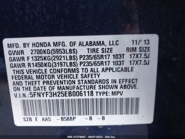 Honda PILOT LX 2014 5FNYF3H25EB006118 Image 9