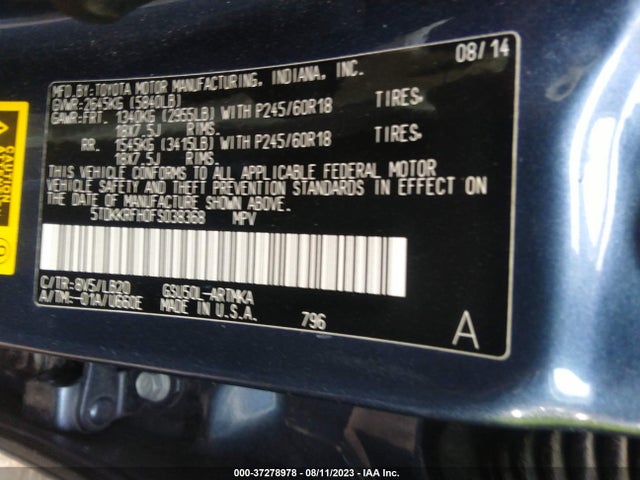 2015 TOYOTA HIGHLANDER XLE V6 VIN: 5TDKKRFH0FS038368