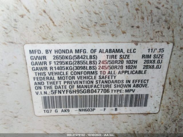 5FNYF6H95GB047706 Honda Pilot Touring