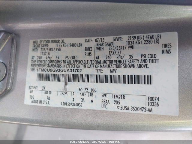 Ford ESCAPE SE 2016 1FMCU0G93GUA31702 Image 9