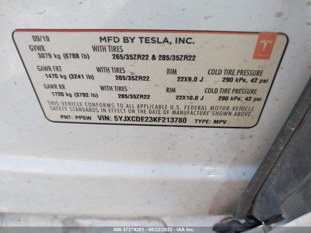 2019 Tesla Model X, VIN: 5YJXCDE23KF213780