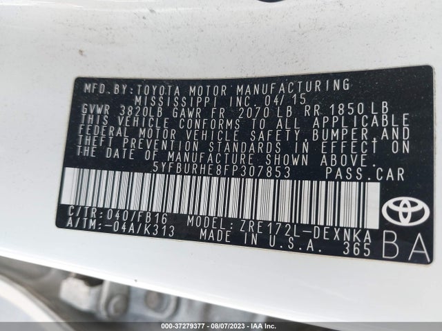 Toyota Corolla L/le/s/s Plus/le Plus 2015 5YFBURHE8FP307853 Image 9