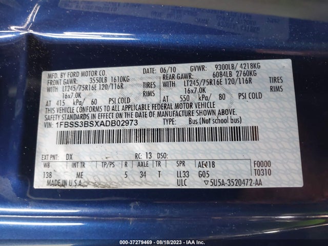 2010 FORD ECONOLINE WAGON XL/XLT VIN: 1FBSS3BSXADB02973