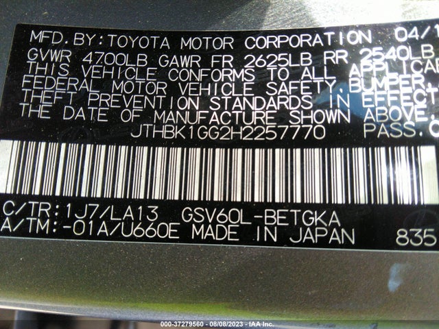 JTHBK1GG2H2257770 Lexus Es Es 350
