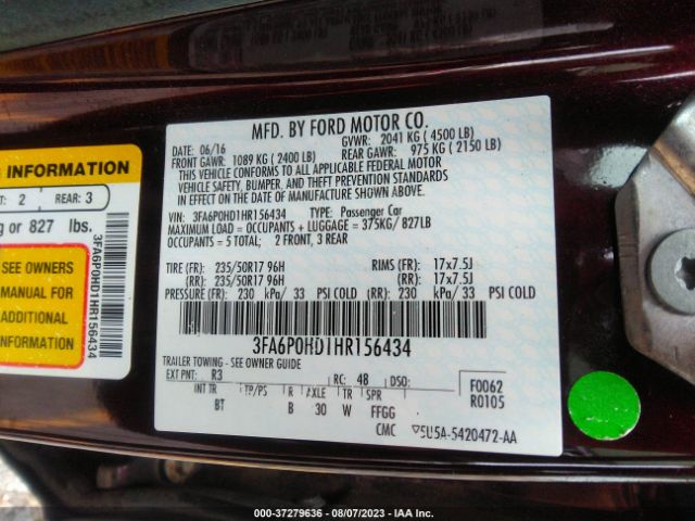 3FA6P0HD1HR156434 Ford FUSION SE