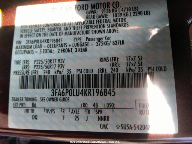 3FA6P0LU4KR196845 Ford Fusion Hybrid Se