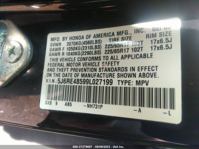 2009 HONDA CR-V EX VIN: 5J6RE48599L027199