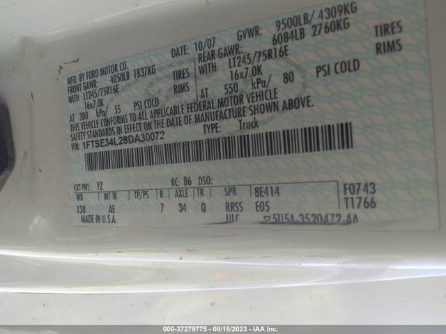 2008 FORD ECONOLINE CARGO VAN COMMERCIAL/RECREATIONAL VIN: 1FTSE34L28DA30072