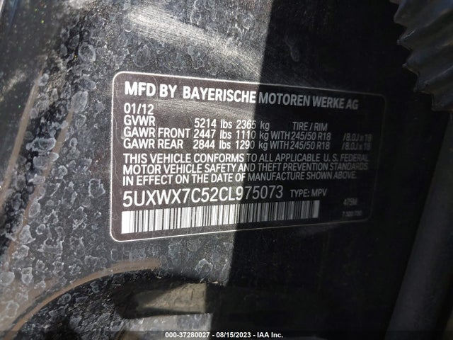 2012 BMW X3 35I VIN: 5UXWX7C52CL975073