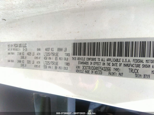 3C6TRVDGXKE543266 RAM Promaster Cargo Van