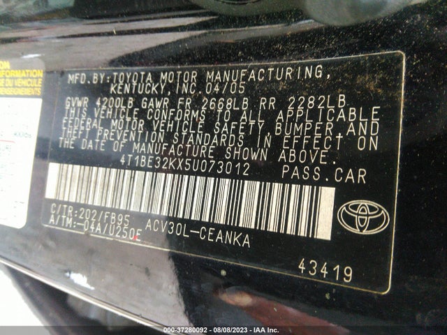 2005 TOYOTA CAMRY STD/LE/SE/XLE VIN: 4T1BE32KX5U073012