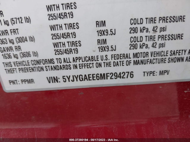2021 TESLA MODEL Y LONG RANGE VIN: 5YJYGAEE6MF294276