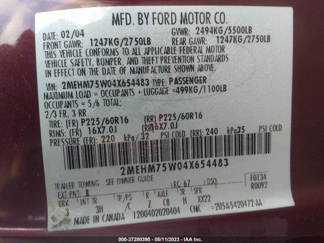 2004 MERCURY GRAND MARQUIS LS VIN: 2MEHM75W04X654483