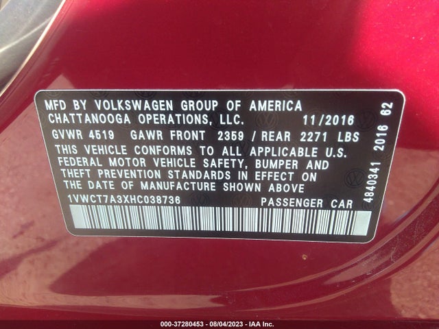 1VWCT7A3XHC038736 Volkswagen Passat 1.8t Sel Premium