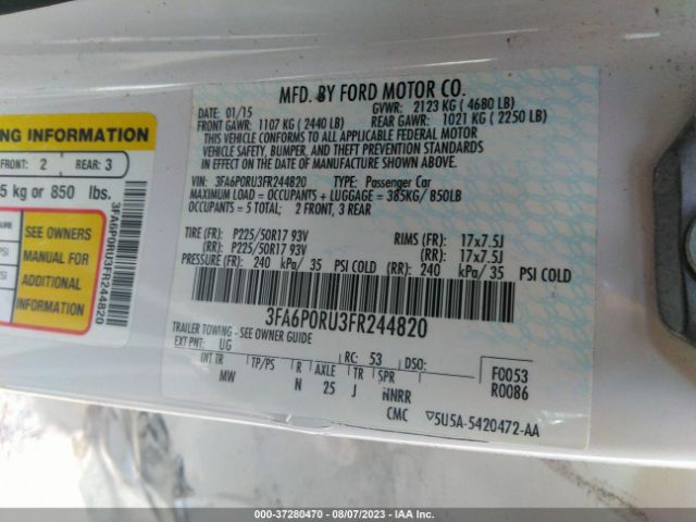 3FA6P0RU3FR244820 Ford Fusion Titanium Hybrid
