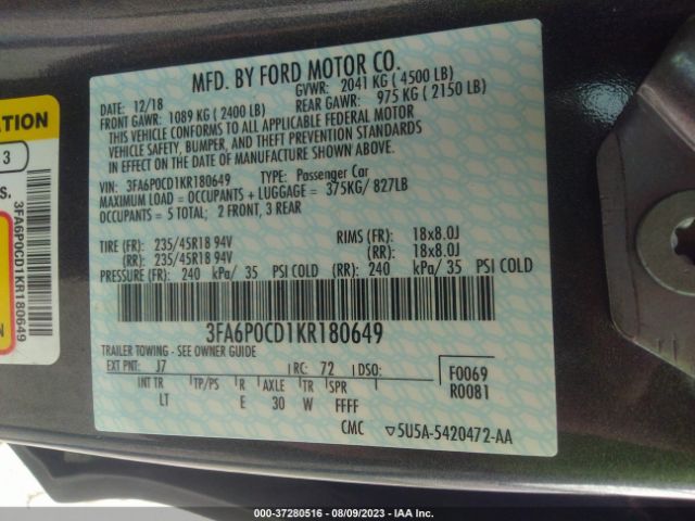 3FA6P0CD1KR180649 Ford FUSION SEL