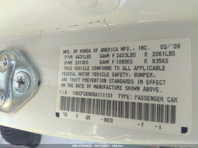 2009 HONDA ACCORD SDN EX-L VIN: 1HGCP26889A111101
