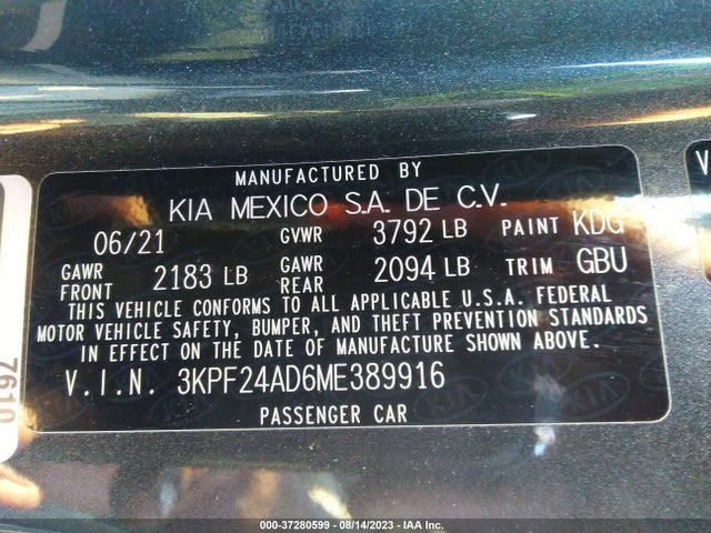 2021 KIA FORTE LXS VIN: 3KPF24AD6ME389916