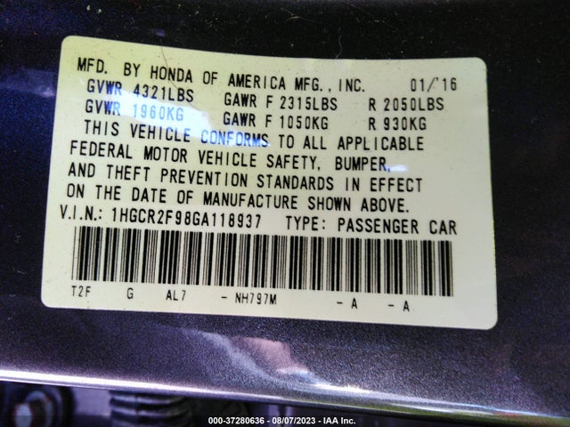 2016 HONDA ACCORD SEDAN EX-L VIN: 1HGCR2F98GA118937