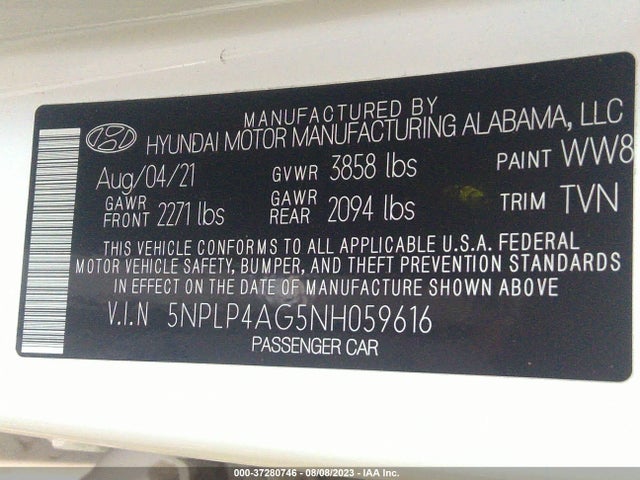 2022 HYUNDAI ELANTRA LIMITED VIN: 5NPLP4AG5NH059616
