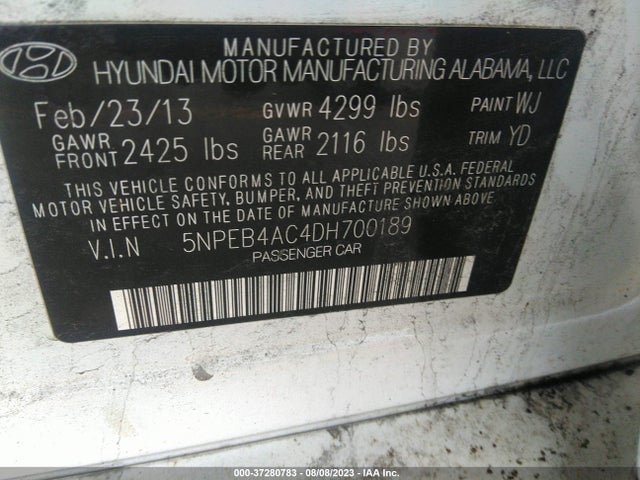 2013 HYUNDAI SONATA GLS PZEV VIN: 5NPEB4AC4DH700189