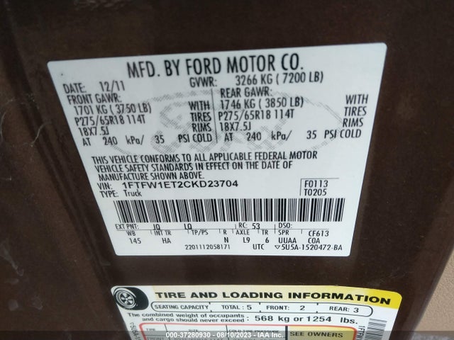 2012 FORD F-150 XL/XLT/FX4/LARIAT VIN: 1FTFW1ET2CKD23704
