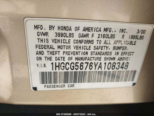 2000 HONDA ACCORD SDN SE VIN: 1HGCG5676YA108348